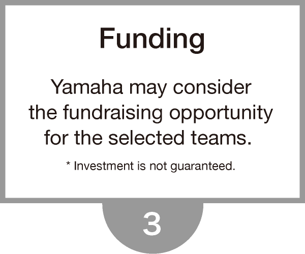 Yamaha may considerthe fundraising opportunityfor the selected teams. * Investment is not guaranteed.